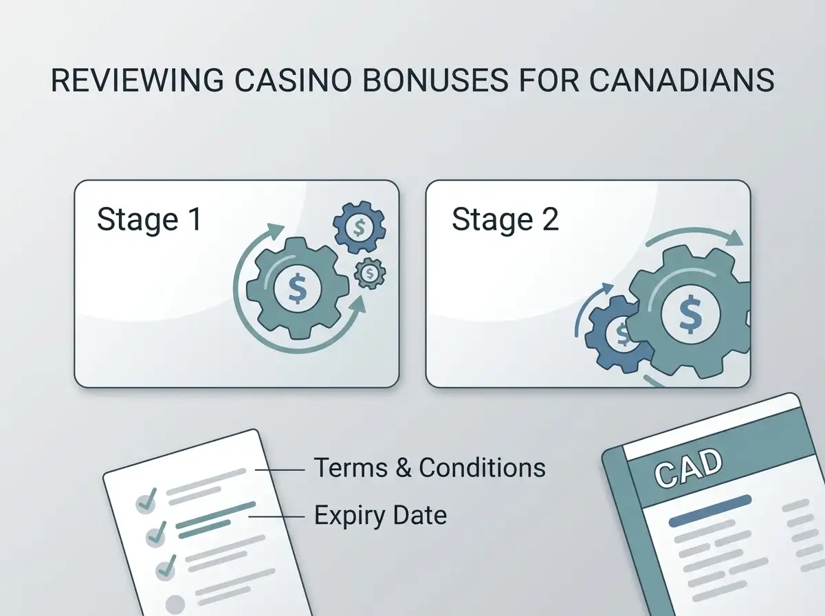 A two-stage promotion with free spins and a checklist of wagering conditions