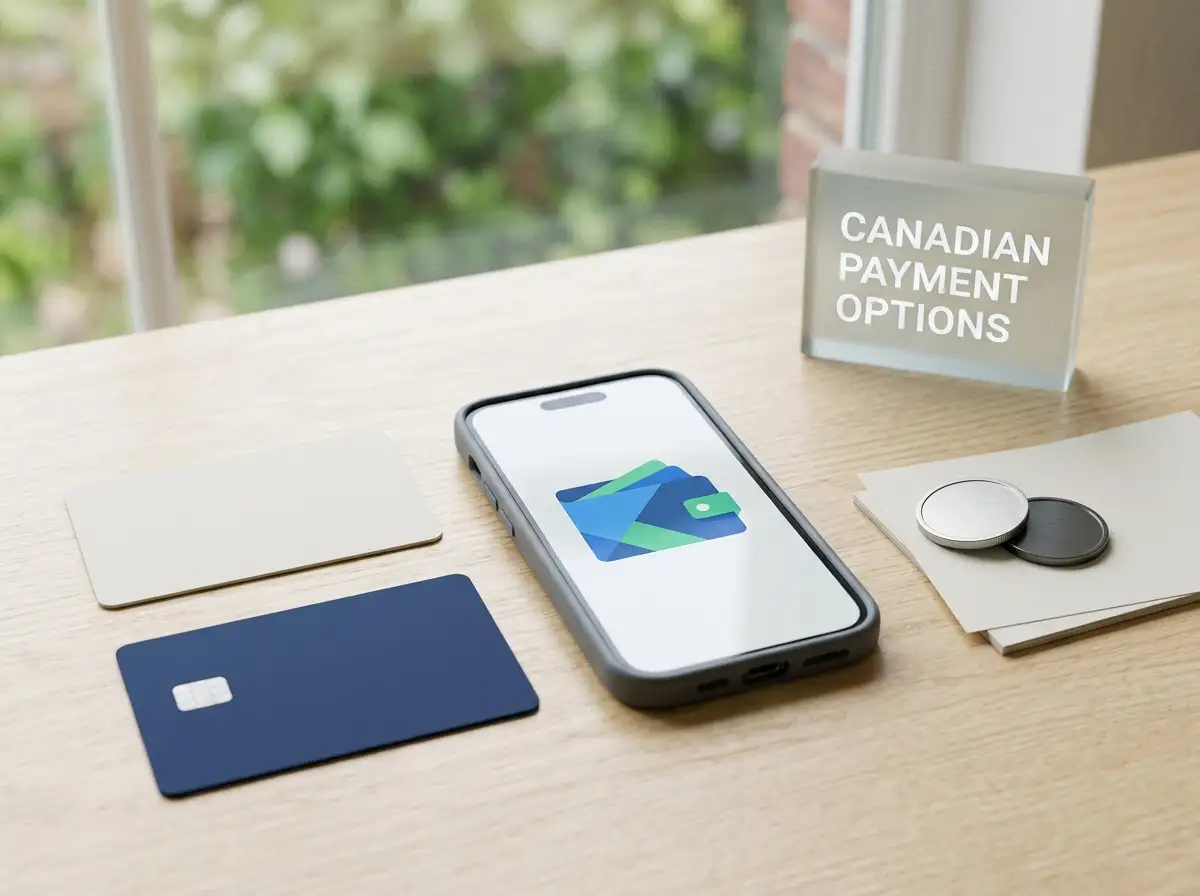 Canadian-dollar payment options including a bank card, prepaid voucher and cryptocurrency symbols
