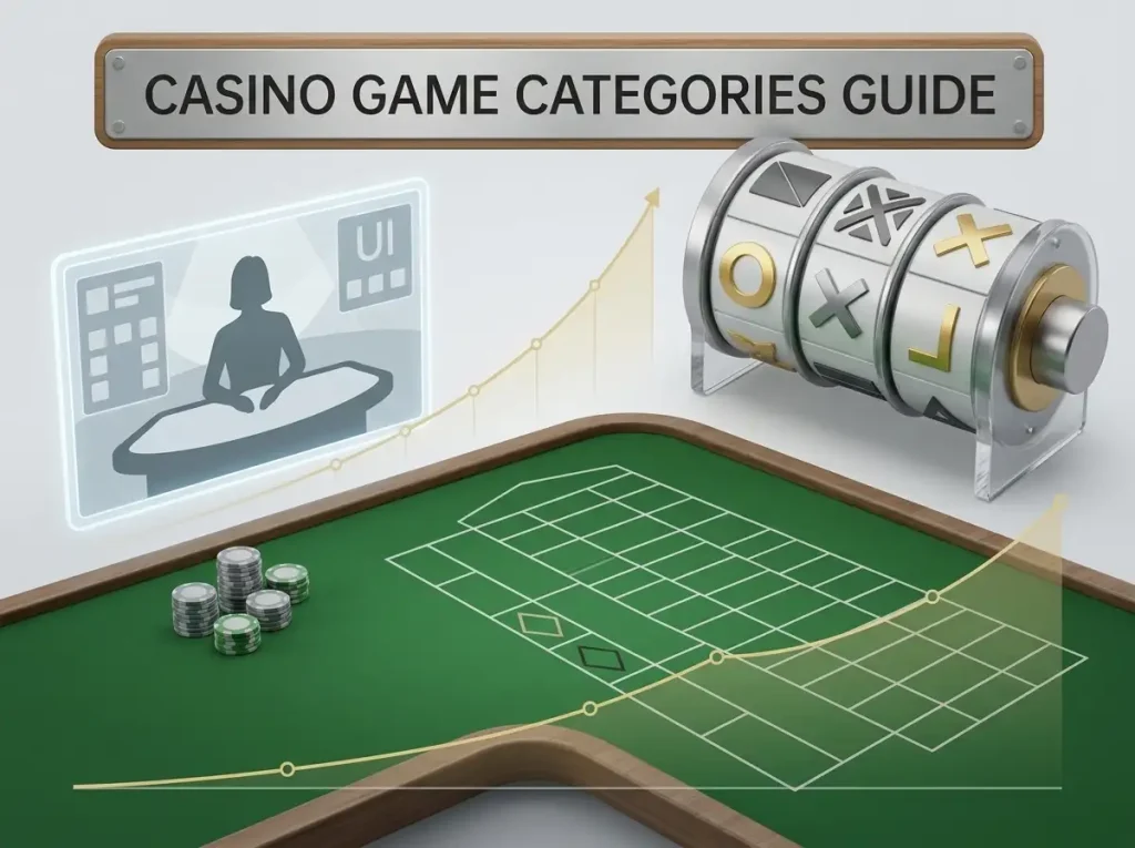 Casino game categories including slots, table games, live dealer play and crash games