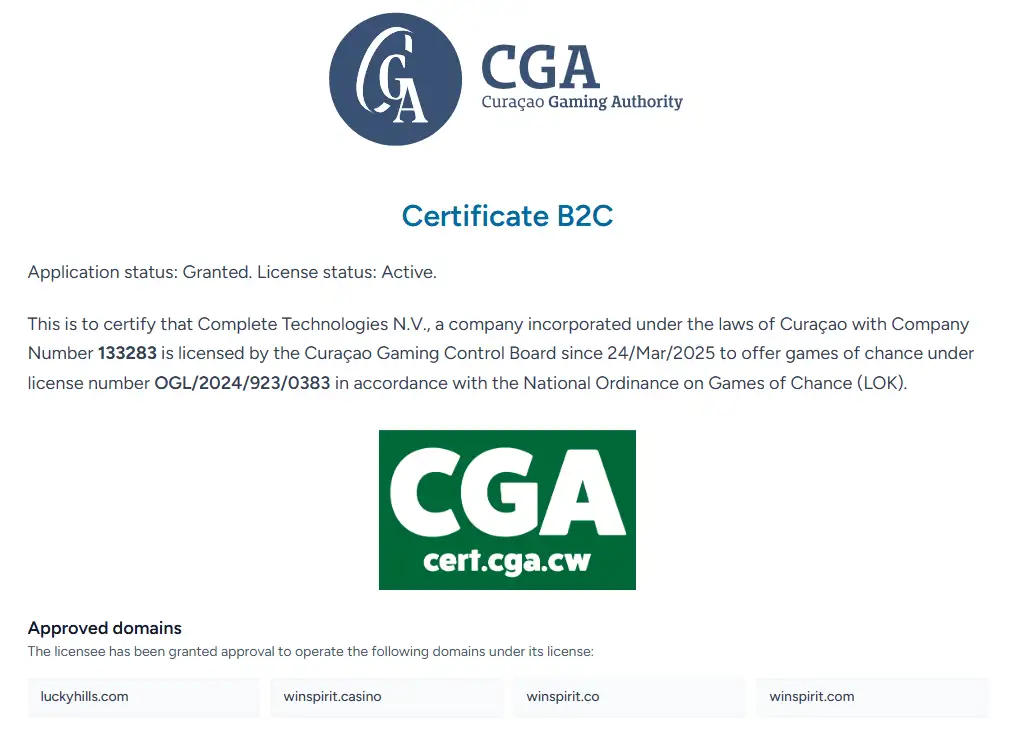 Curaçao Gaming Authority certificate showing Complete Technologies N.V. and winspirit.com among the approved domains