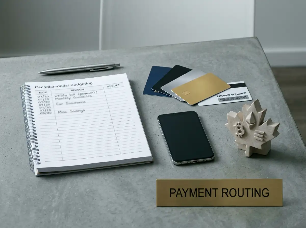 Canadian-dollar payment options including a bank card, prepaid voucher, digital wallet and cryptocurrency